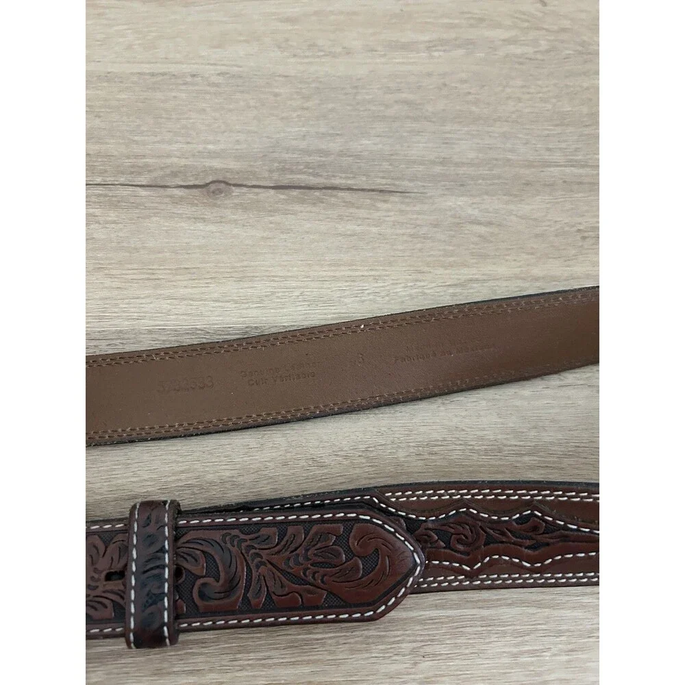 Vintage Men's 46 Brown Embossed Leather Belt with Antique Silver Buckle Western
